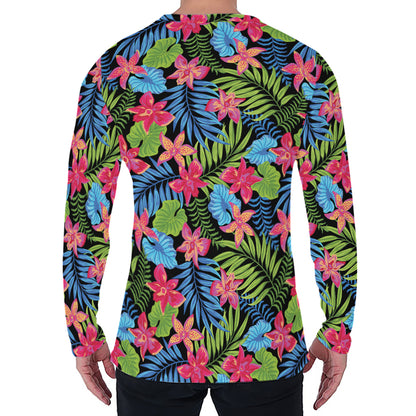Hawaiian Floral Pattern Print Men's Long Sleeve T-Shirt