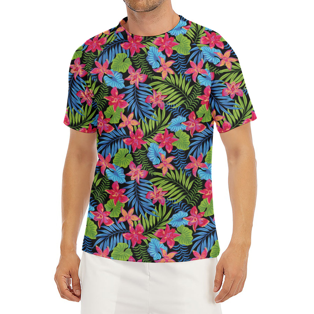 Hawaiian Floral Pattern Print Men's Short Sleeve Rash Guard
