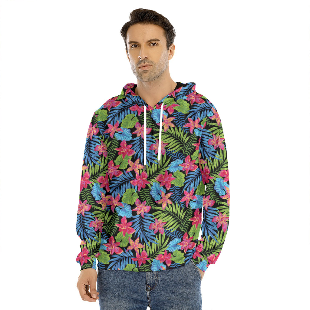 Hawaiian Floral Pattern Print Men's Velvet Pullover Hoodie