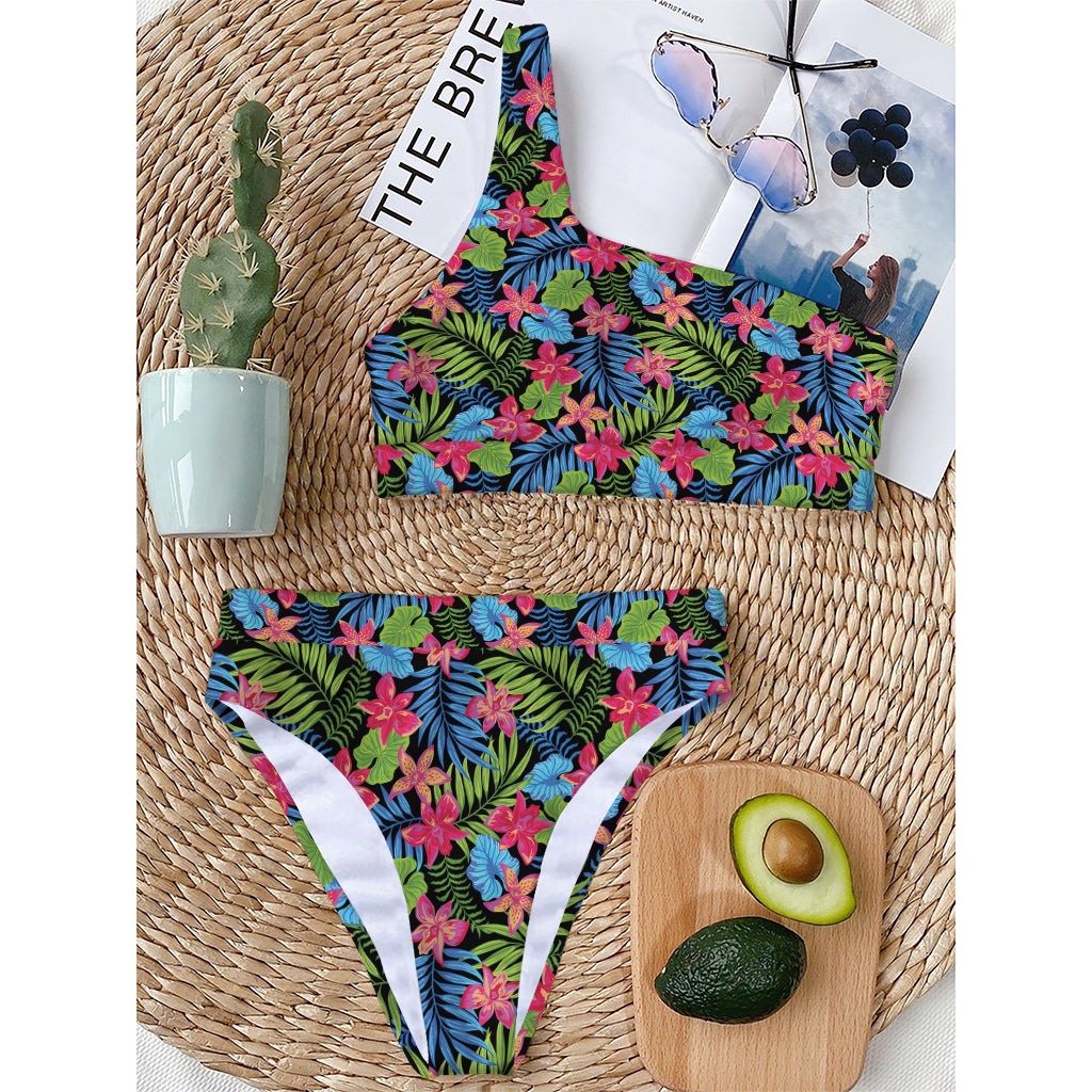 Hawaiian Floral Pattern Print One Shoulder Bikini Top