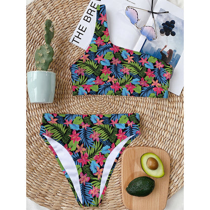 Hawaiian Floral Pattern Print One Shoulder Bikini Top