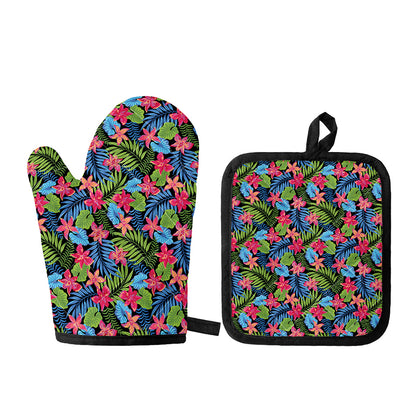 Hawaiian Floral Pattern Print Oven Mitt And Pot Holder Set