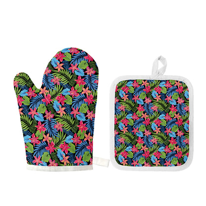 Hawaiian Floral Pattern Print Oven Mitt And Pot Holder Set