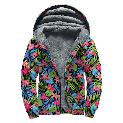 Hawaiian Floral Pattern Print Sherpa Lined Zip Up Hoodie