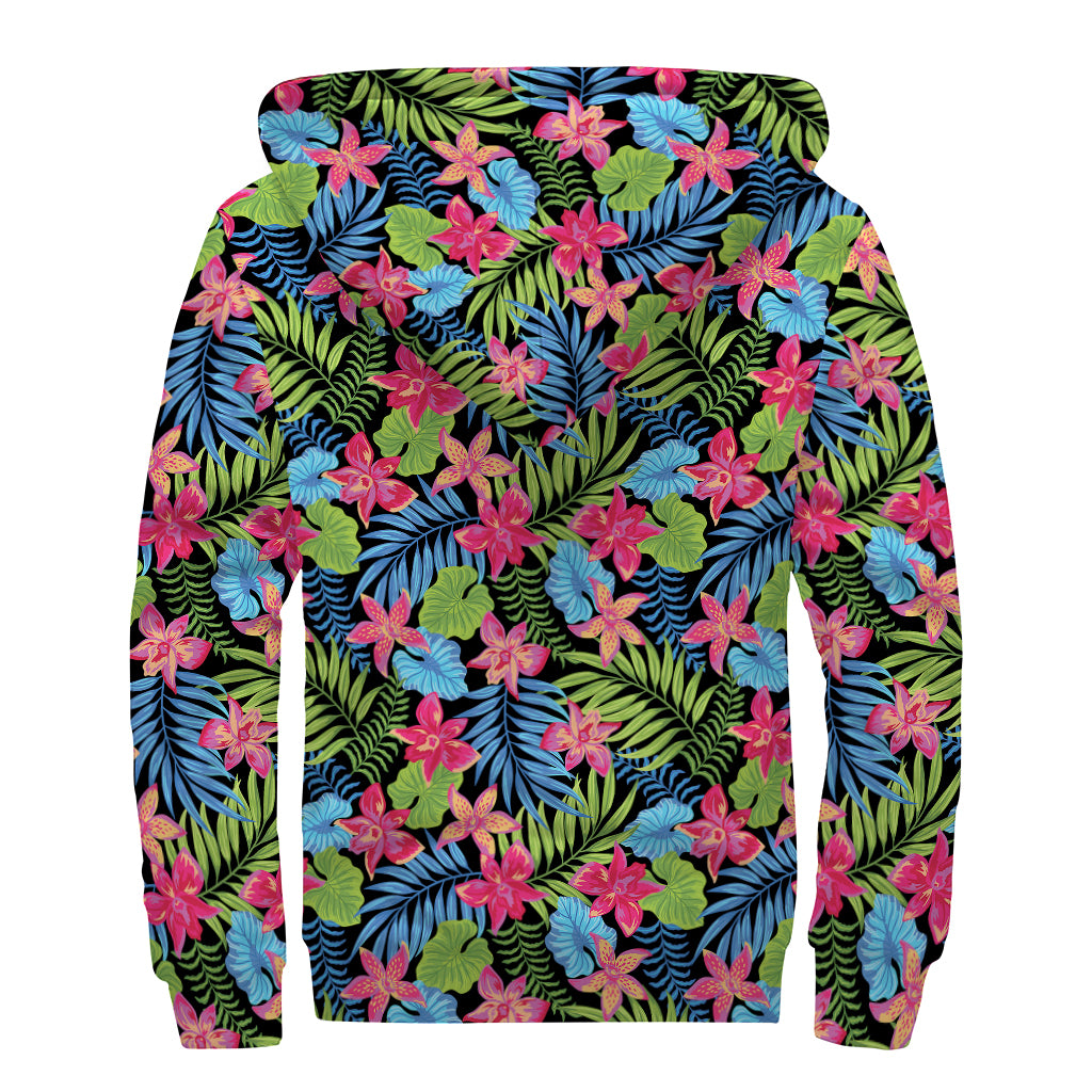 Hawaiian Floral Pattern Print Sherpa Lined Zip Up Hoodie