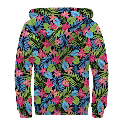Hawaiian Floral Pattern Print Sherpa Lined Zip Up Hoodie