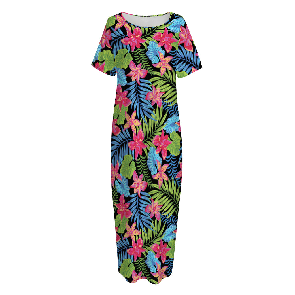 Hawaiian Floral Pattern Print Short Sleeve Long Nightdress