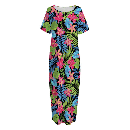 Hawaiian Floral Pattern Print Short Sleeve Long Nightdress