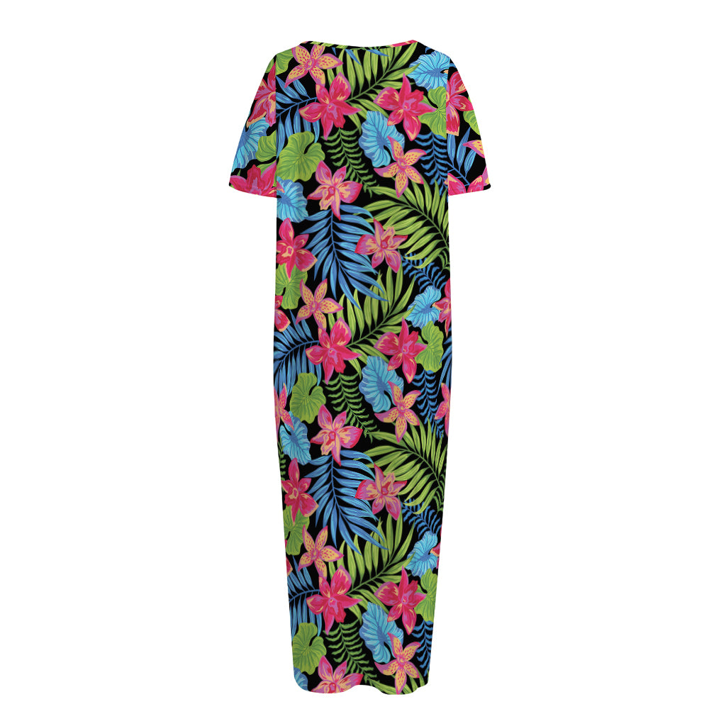 Hawaiian Floral Pattern Print Short Sleeve Long Nightdress