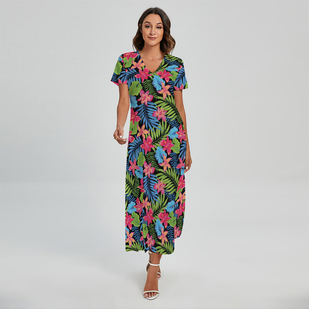 Hawaiian Floral Pattern Print Short Sleeve Maxi Dress