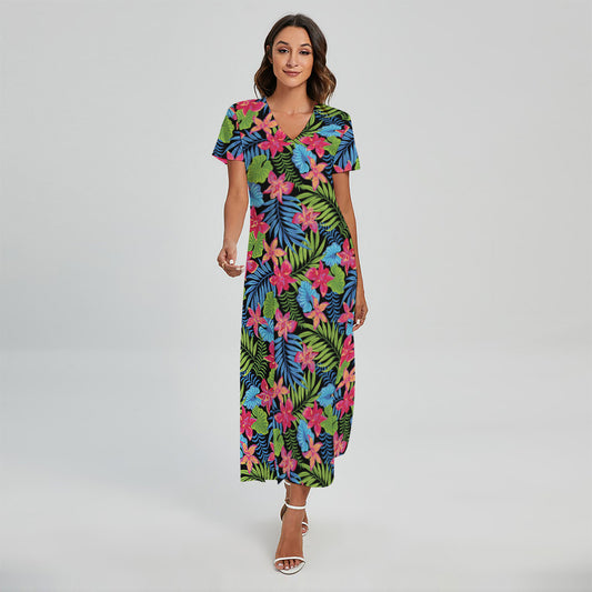 Hawaiian Floral Pattern Print Short Sleeve Maxi Dress