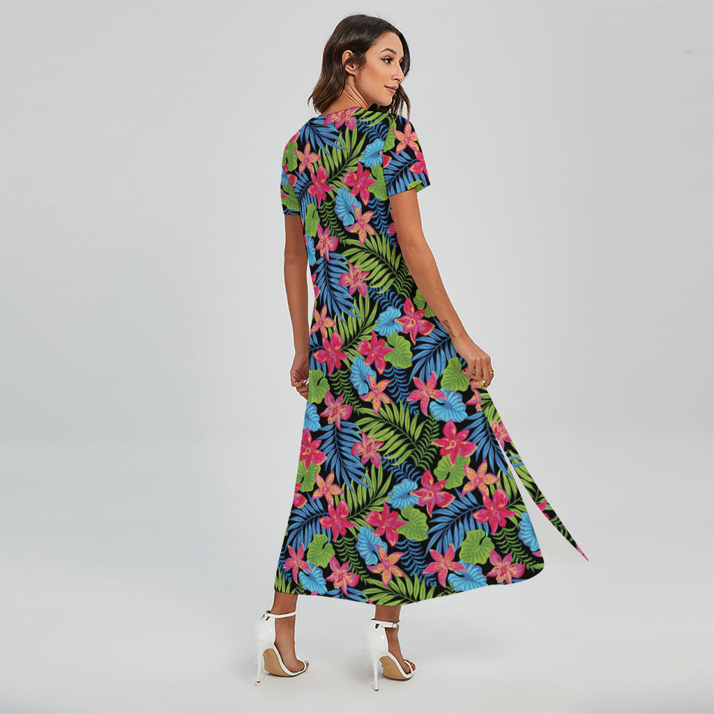 Hawaiian Floral Pattern Print Short Sleeve Maxi Dress