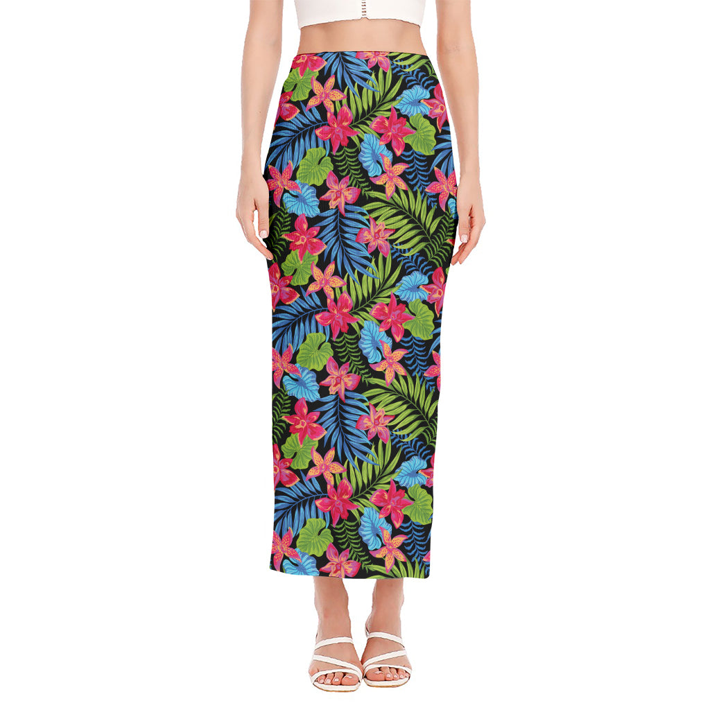 Hawaiian Floral Pattern Print Side Slit Maxi Skirt