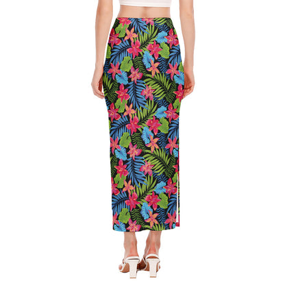 Hawaiian Floral Pattern Print Side Slit Maxi Skirt