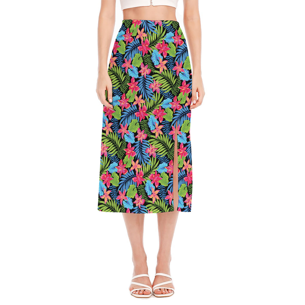 Hawaiian Floral Pattern Print Side Slit Midi Skirt