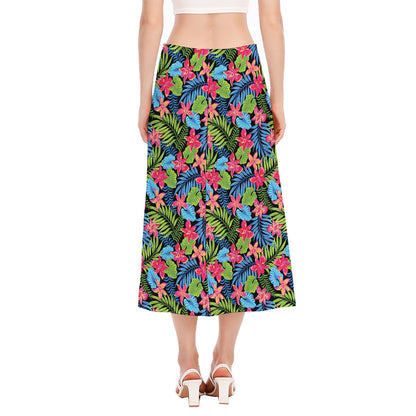 Hawaiian Floral Pattern Print Side Slit Midi Skirt