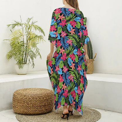 Hawaiian Floral Pattern Print Silk V-Neck Kaftan Dress