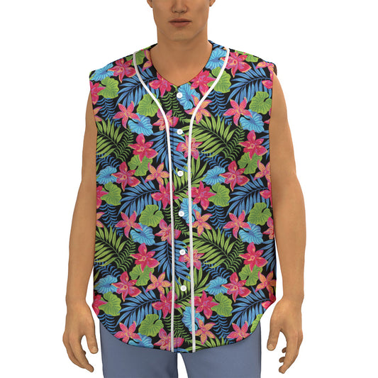 Hawaiian Floral Pattern Print Sleeveless Baseball Jersey