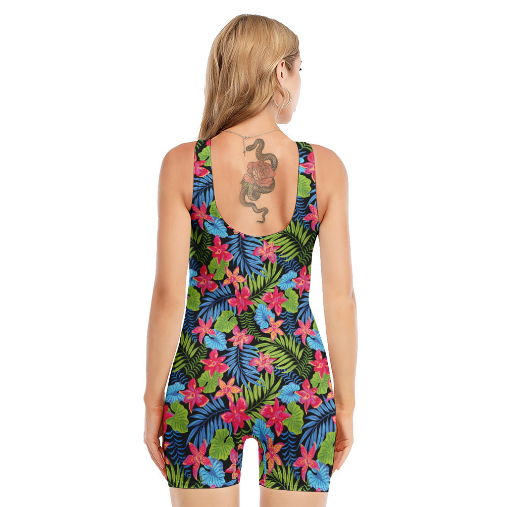 Hawaiian Floral Pattern Print Sleeveless One Piece Swimsuit