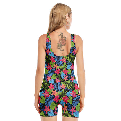 Hawaiian Floral Pattern Print Sleeveless One Piece Swimsuit