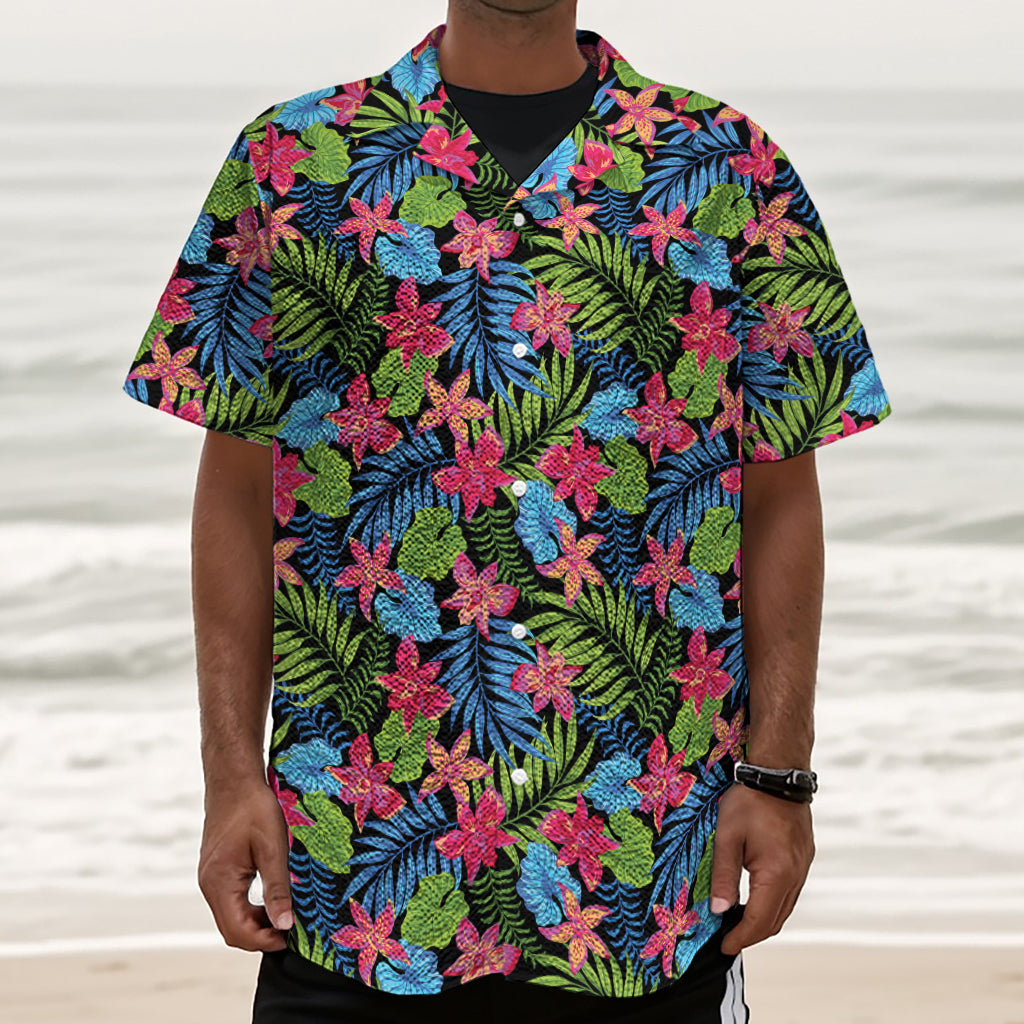 Hawaiian Floral Pattern Print Textured Short Sleeve Shirt