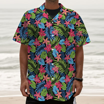Hawaiian Floral Pattern Print Textured Short Sleeve Shirt