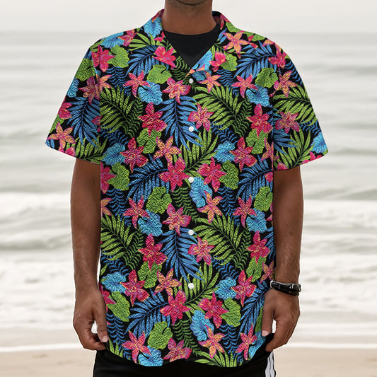 Hawaiian Floral Pattern Print Textured Short Sleeve Shirt