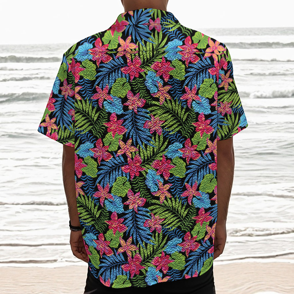 Hawaiian Floral Pattern Print Textured Short Sleeve Shirt