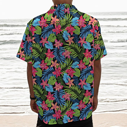 Hawaiian Floral Pattern Print Textured Short Sleeve Shirt