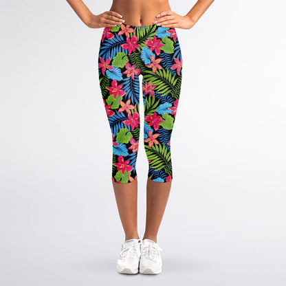 Hawaiian Floral Pattern Print Women's Capri Leggings
