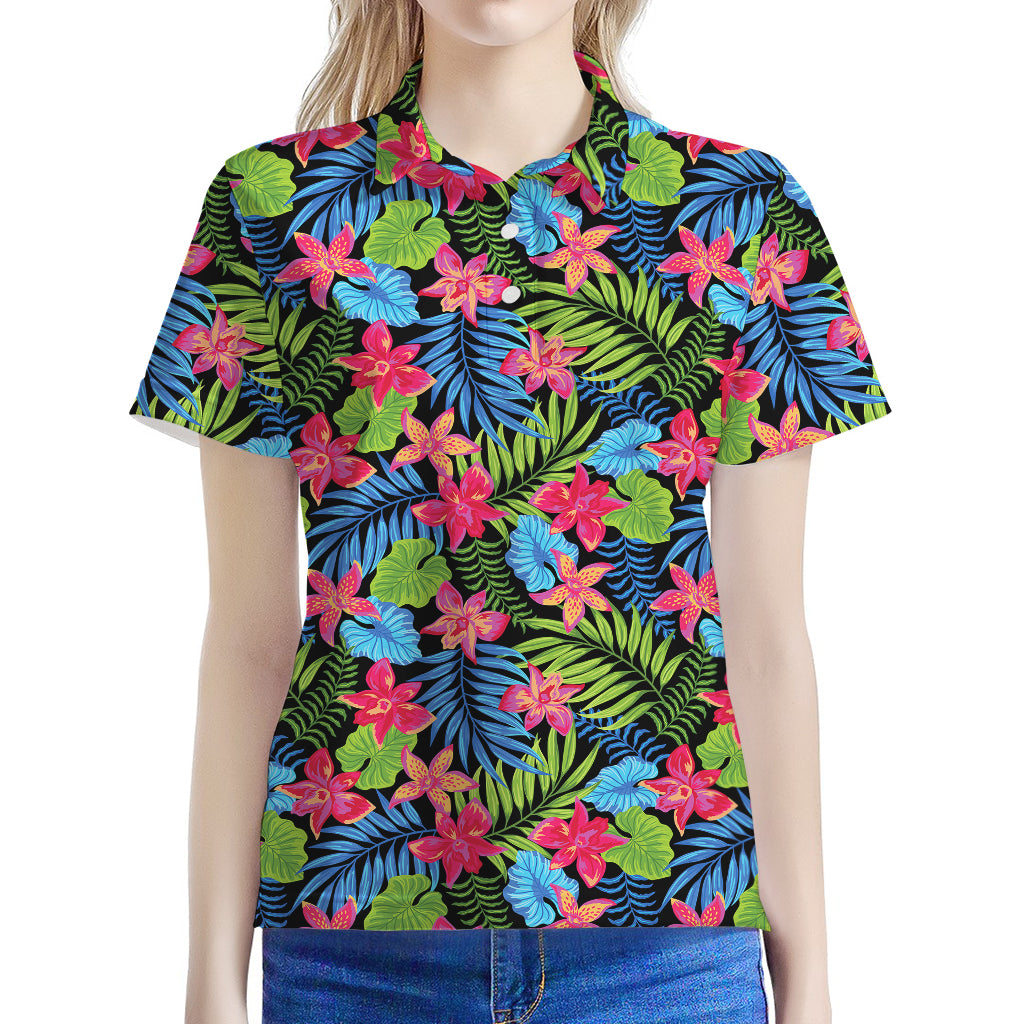 Hawaiian Floral Pattern Print Women's Polo Shirt