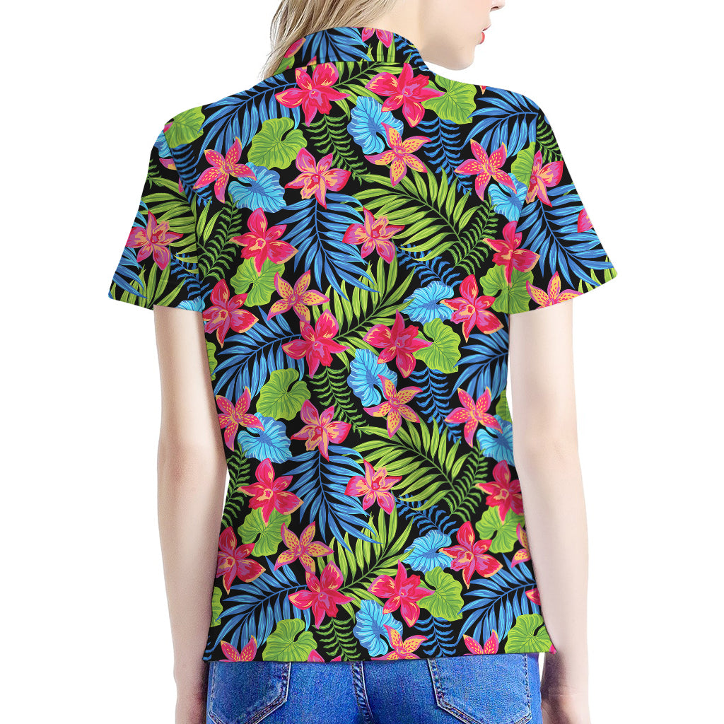 Hawaiian Floral Pattern Print Women's Polo Shirt