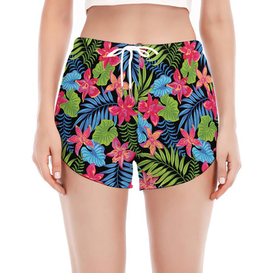 Hawaiian Floral Pattern Print Women's Split Running Shorts