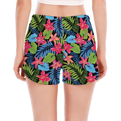 Hawaiian Floral Pattern Print Women's Split Running Shorts