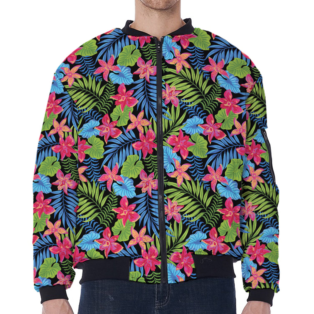 Hawaiian Floral Pattern Print Zip Sleeve Bomber Jacket