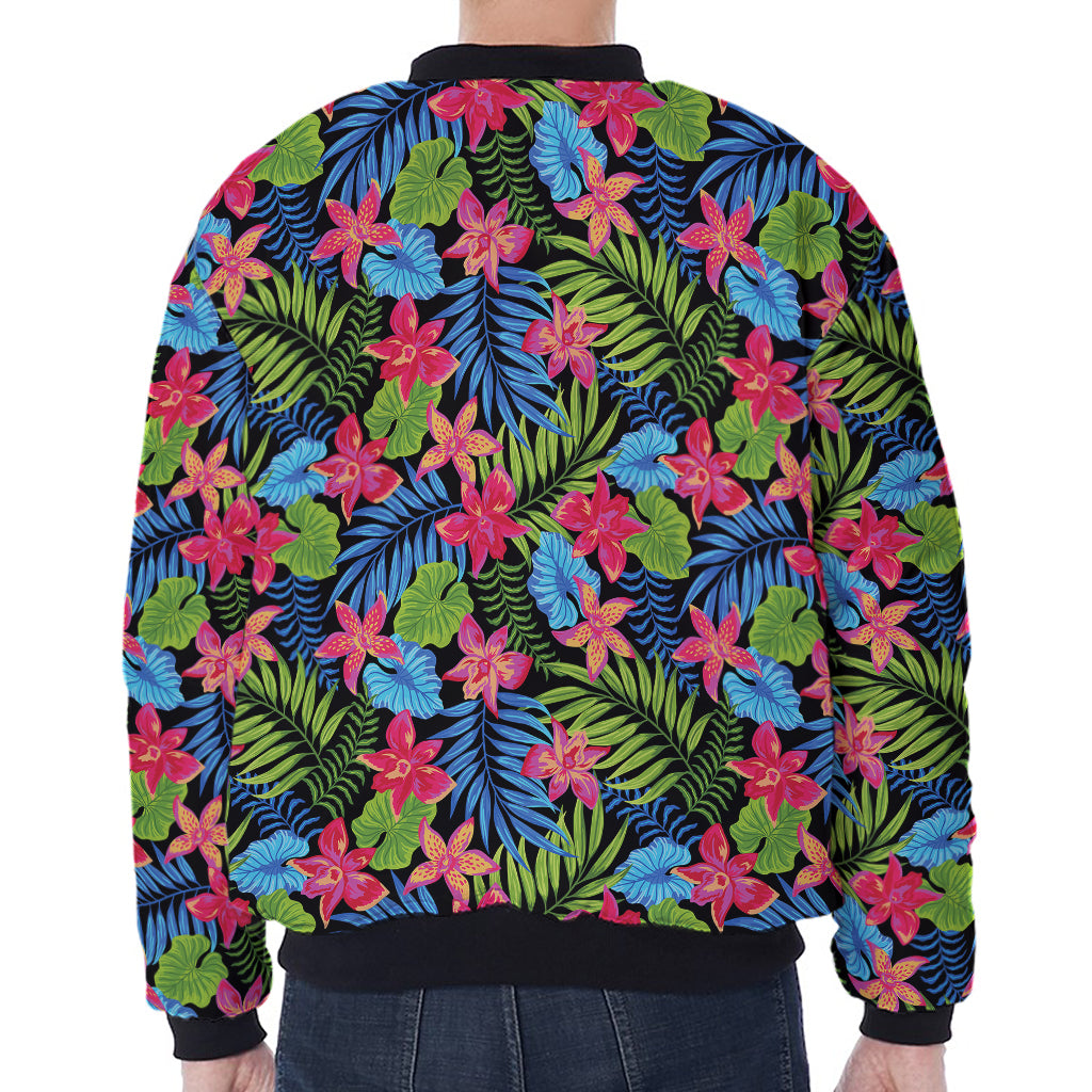 Hawaiian Floral Pattern Print Zip Sleeve Bomber Jacket