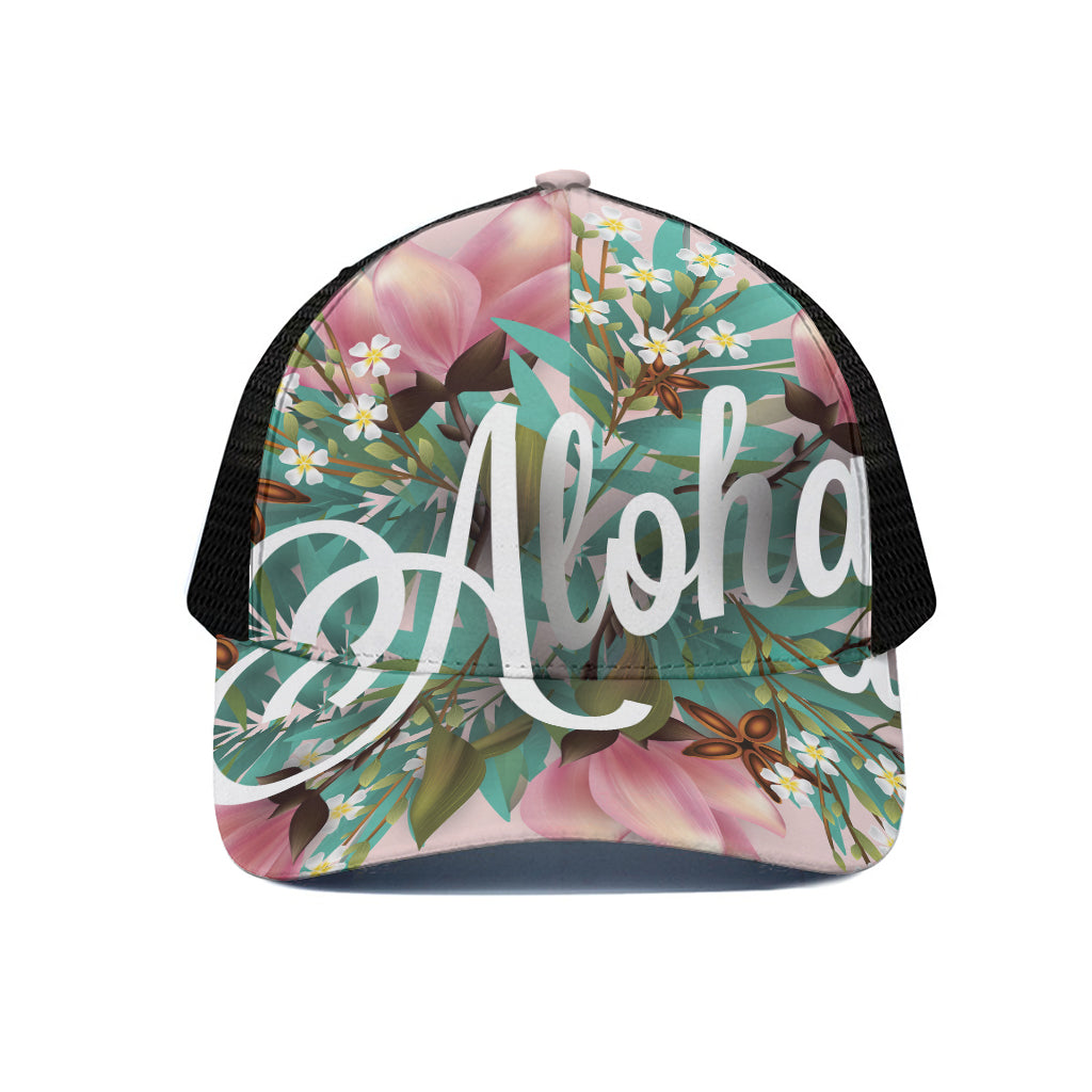 Hawaiian Flower Aloha Print Black Mesh Trucker Cap