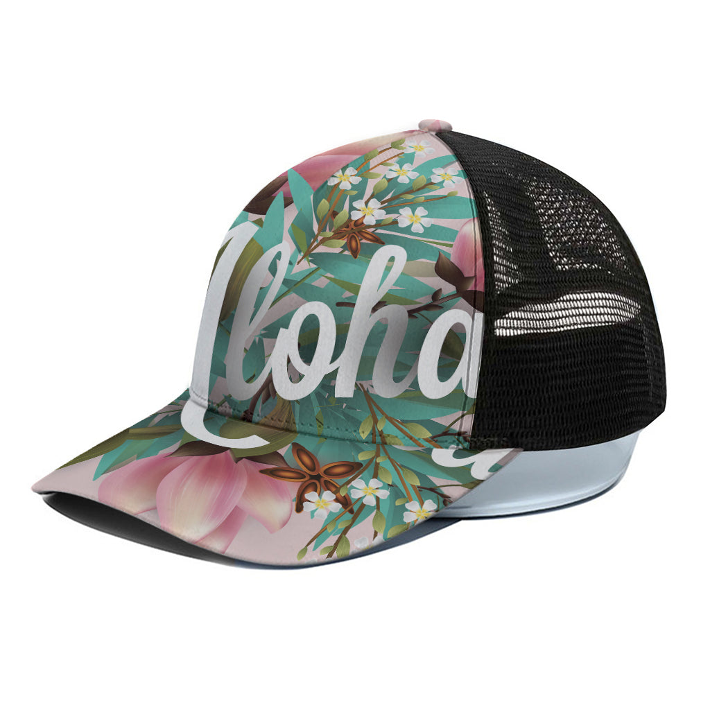 Hawaiian Flower Aloha Print Black Mesh Trucker Cap