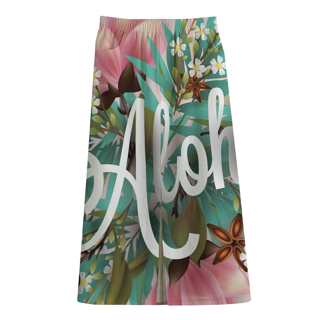 Hawaiian Flower Aloha Print Cotton Front Slit Maxi Skirt