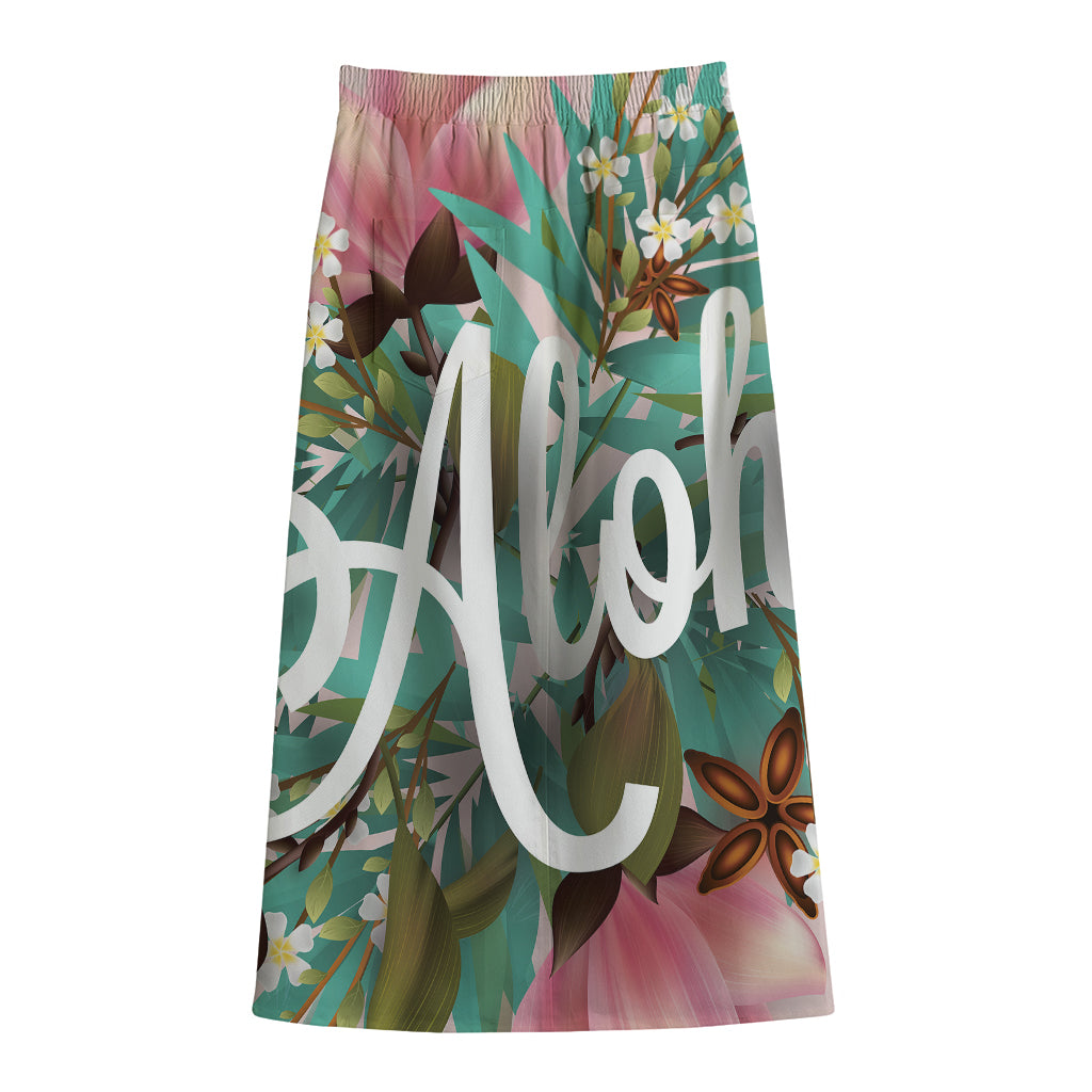 Hawaiian Flower Aloha Print Cotton Front Slit Maxi Skirt