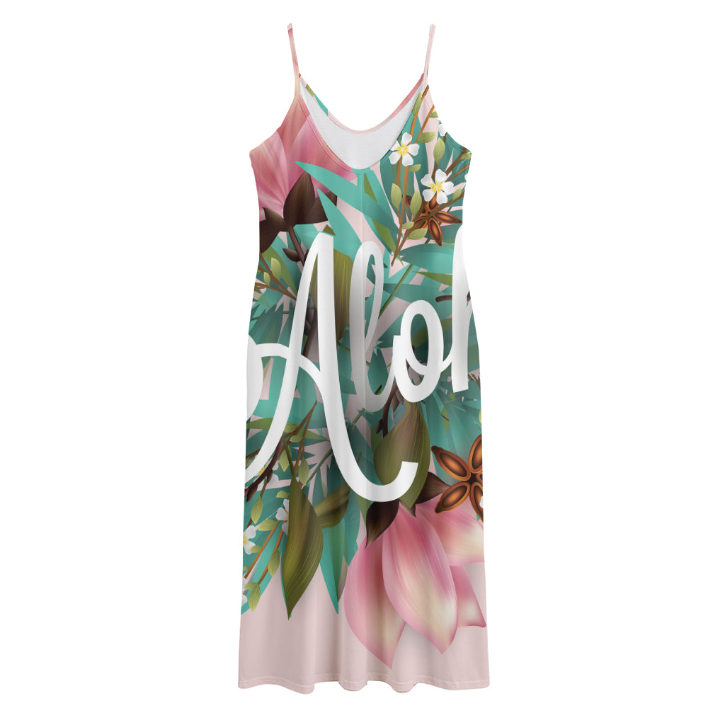 Hawaiian Flower Aloha Print Jersey Midi Cami Dress