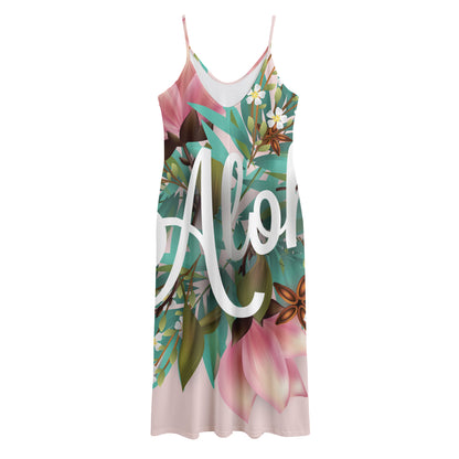 Hawaiian Flower Aloha Print Jersey Midi Cami Dress
