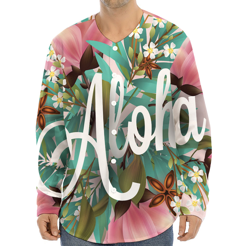 Hawaiian Flower Aloha Print Long Sleeve Baseball Jersey