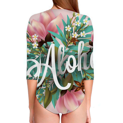 Hawaiian Flower Aloha Print Long Sleeve Swimsuit