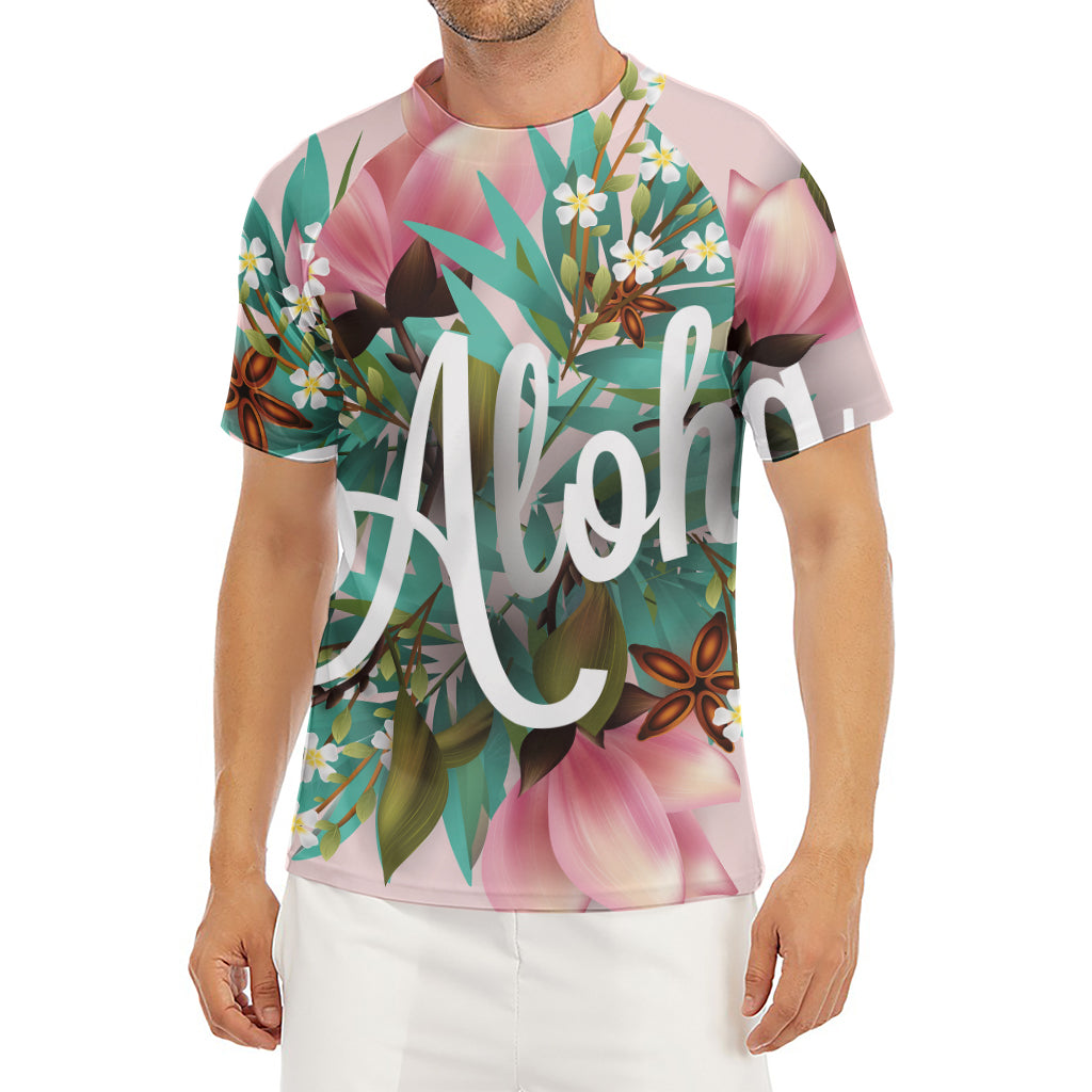 Hawaiian Flower Aloha Print Men's Short Sleeve Rash Guard