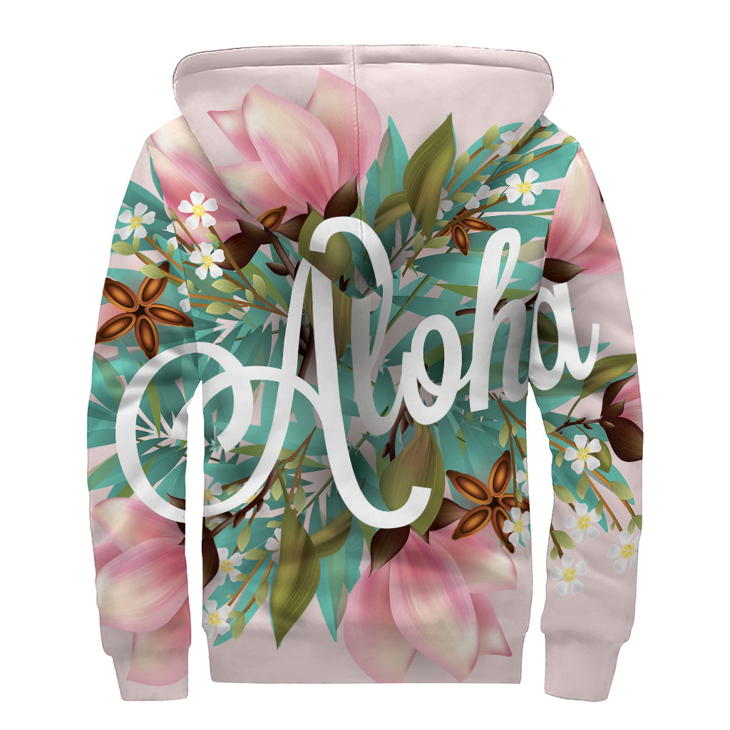 Hawaiian Flower Aloha Print Sherpa Lined Zip Up Hoodie