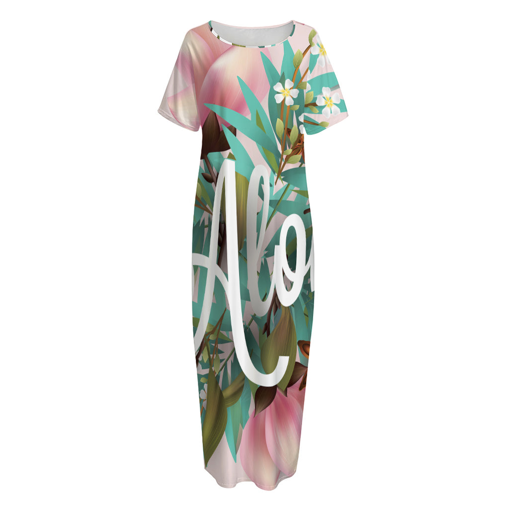 Hawaiian Flower Aloha Print Short Sleeve Long Nightdress