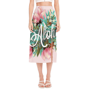 Hawaiian Flower Aloha Print Side Slit Midi Skirt