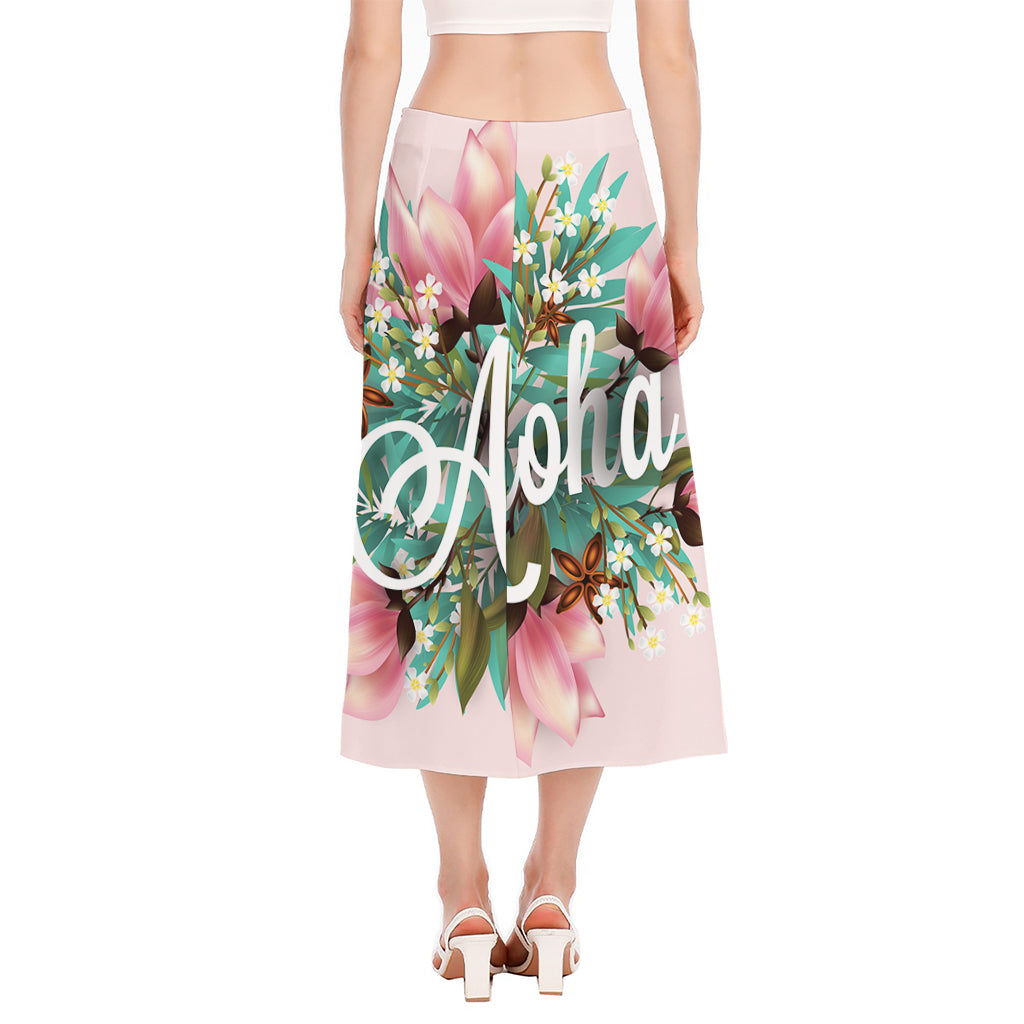 Hawaiian Flower Aloha Print Side Slit Midi Skirt