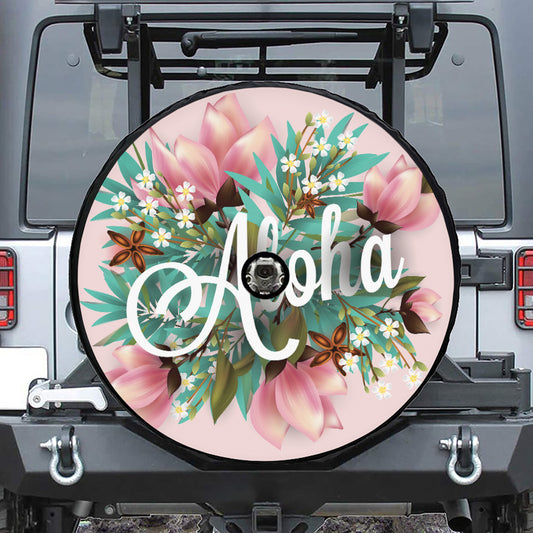 Hawaiian Flower Aloha Print Tire Cover With Camera Hole